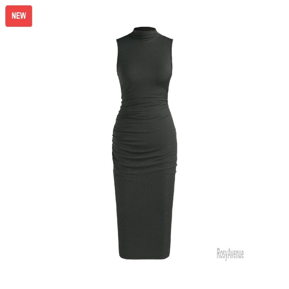 Mock High Neck Ruched Midi Dress Bodycon Sleeveless Stretch Knit